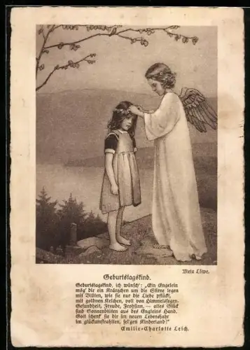 Künstler-AK Meta Löwe: Geburtstagskind, Engel und Mädchen