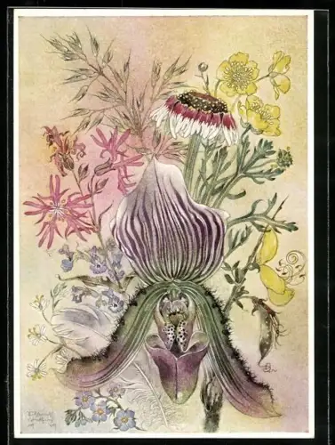 Künstler-AK Sulamith Wülfing: Orchidee zwischen weiteren Blumen