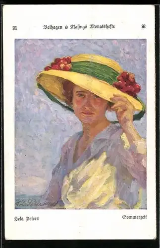 Künstler-AK Hela Peters: Elegante Dame mit Hut in der Sommersonne