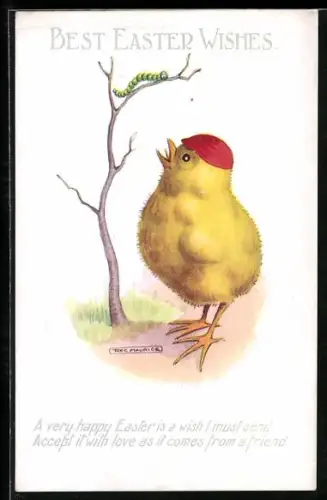 Künstler-AK Maurice: Kleines Küken beobachtet eines Raupe