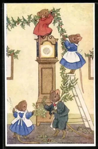 Künstler-AK Margaret Tempest: Hasenfamilie schmücht das Wohnzimmer feierlich mit Beerengirlanden