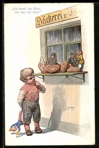 Künstler-AK Carl Moos: Kleiner Junge schaut sich verlegen die Lebkuchenherzen an