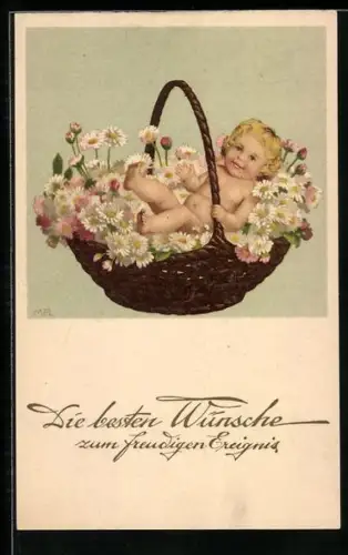 Künstler-AK Marie Flatscher (M.FL.): Kleinkind in einem Korb voller Blumen