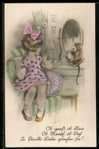 Künstler-AK H.S.: Mädchen entdeckt einen Affen beim Benutzen ihres Puders