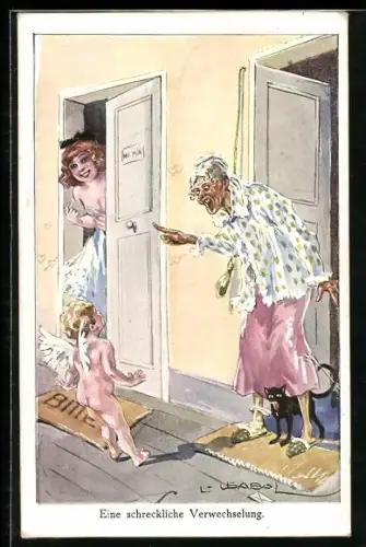 Künstler-AK Luis Usabal: Eine schreckliche Verwechslung, Amor und Greisin