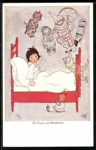 Künstler-AK Anny Engelmann: Kind im Bett träumt von Puppen
