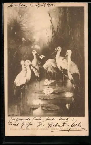 Künstler-AK Wichera: Storche in einem Teich mit Babies auf Seerosenblättern