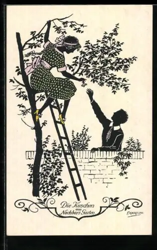 Künstler-AK Friedrich Kaskeline: Paar pflückt Kirschen von einem Baum