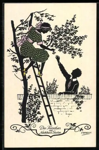 Künstler-AK Friedrich Kaskeline: Dame pflückt Kirschen aus einem Baum und gibt sie einem Mann