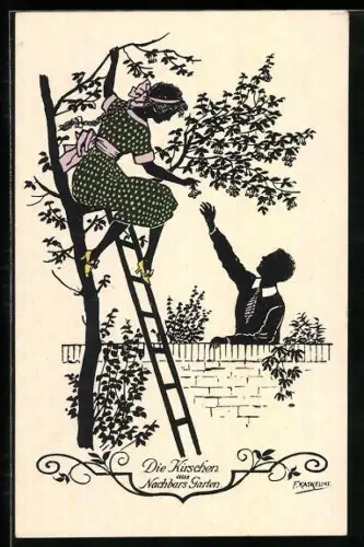 Künstler-AK Friedrich Kaskeline: Paar pflückt Kirschen vom Baum eines Nachbarn