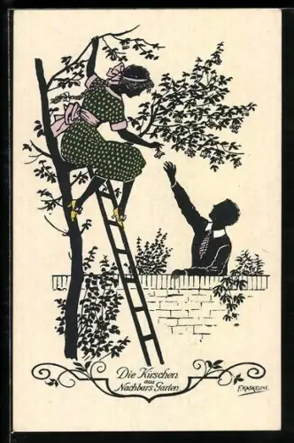 Künstler-AK Friedrich Kaskeline: Die Kirschen aus Nachbars Garten, Liebespaar, Silhouetten