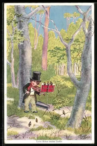 Künstler-AK Bert: Junge in Frack und Zylinder spielt im Wald Geige, Vögel singen mit