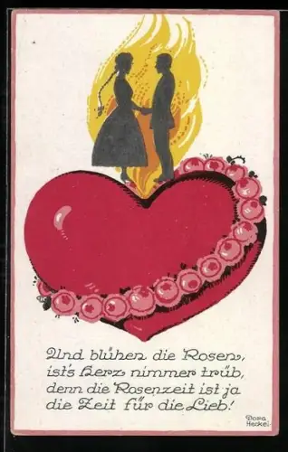 Künstler-AK Dora Heckel: Paar steht auf einem Herz mit Rosen im Feuer