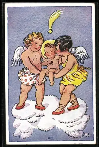 Künstler-AK M. Fischerova-Kvechova (MFK): Zwei kleine Engel mit lächelndem Jesuskind auf einer Wolke