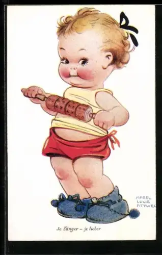 Künstler-AK Mabel Lucie Attwell: Kleines Mädchen mit einem Massage-Roller