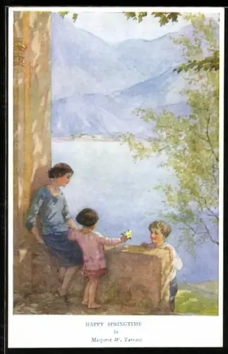 Künstler-AK Margaret W. Tarrant: Happy Springtime, Mutter blickt mit ihren Kindern auf die Frühlingslandschaft