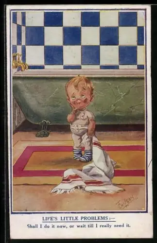 Künstler-AK T. Gilson: Kleiner Junge mit Dreck im Gesicht steht nachdenklich vor der Badewanne