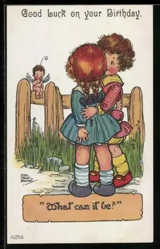 Künstler-AK H. G. C. Marsh-Lambert: Zwei Kinder stehen vor einem Zaun mit einer Elfe