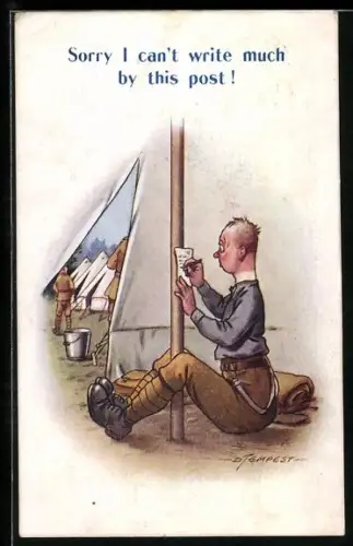 Künstler-AK Douglas Tempest: Soldat schreibt am Zeltpfosten einen Brief