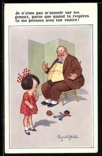 Künstler-AK Donald McGill: Kleines Mädchen in gepunktetem Kleid steht vor einem Herrn im Anzug