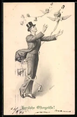 Künstler-AK Franz Kuderna: Mann wird von geflügelten Frauenköpfen umschwärmt