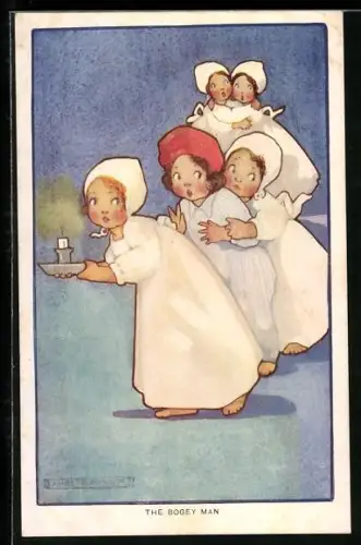 Künstler-AK Agnes Richardson: The Bogey Man, Mädchen in Nachtkleidern fürchten sich im Dunkeln