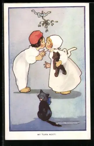 Künstler-AK Ov. Alt-Stutterheim: Katze grinst vor sich küssenden Kindern, My turn next