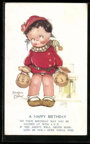 Künstler-AK Beatrice Mallet: Kleines Kind mit Geldsäcken vor der Bank