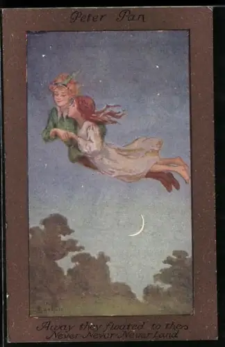 Künstler-AK S. Barham: Peter Pan fliegt durch den Nachthimmel