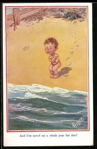 Künstler-AK T. Gilson: And I`ve saved up a whole year for this!, FKK