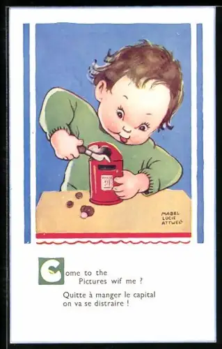 Künstler-AK Mabel Lucie Attwell: Kleinkind mit einer roten Dose
