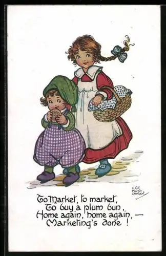 Künstler-AK H. G. C. Marsh-Lambert: Zwei Kinder auf dem Rückweg vom Markt