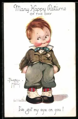 Künstler-AK Beatrice Mallet: Kleiner Junge mit gestreiften Socken und Fliege