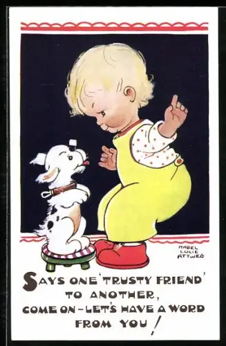 Künstler-AK Mabel Lucie Attwell: Kleinkind mit einem gefleckten Hund