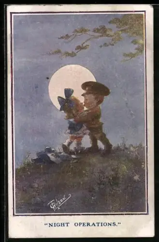 Künstler-AK T. Gilson: Night Operations, Soldat küsst die Liebste