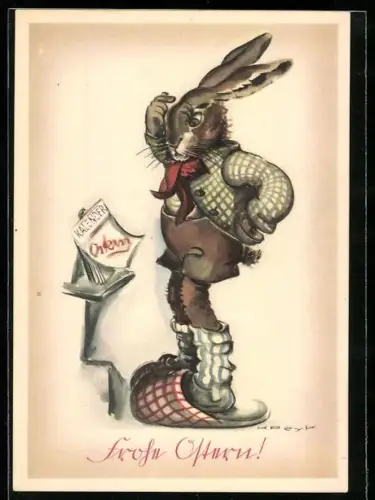 Künstler-AK Hilla Peyk: Osterhase in Pantoffeln mit Kalender, Ostergruss