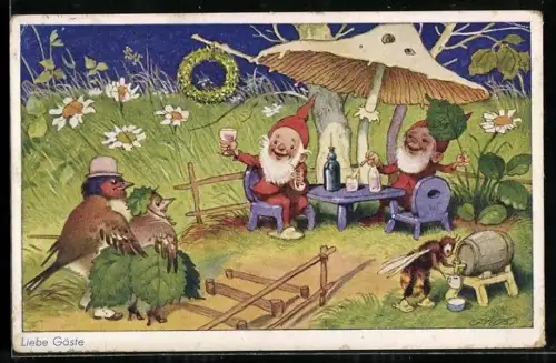 Künstler-AK F.Baumgarten: Zwerge kneipen unter einem Pilz, Biene zapft Bier, Vögel bei der Hochzeitsreise