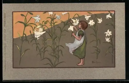 Künstler-AK S. Barham: Mädchen in einer Schürze mit Blumen