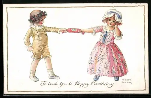 Künstler-AK Millicent Sowerby: Kinder ziehen an einem Knallbonbon