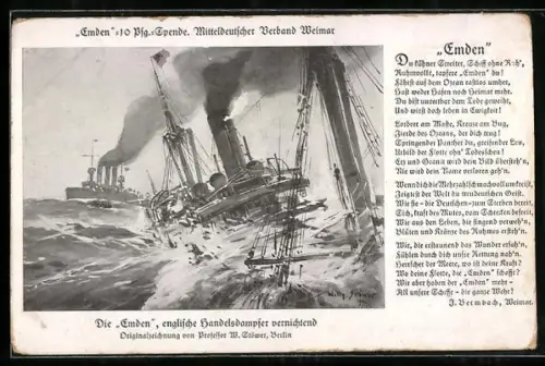 Künstler-AK Willy Stoewer: Kriegsschiff Emden vernichtet englische Handelsdampfer