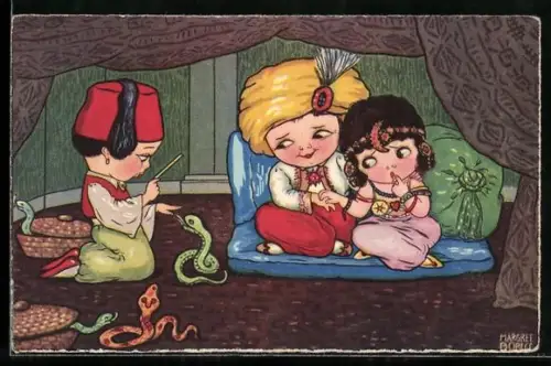 Künstler-AK Margret Boriss: Pärchen beobachtet ängtslich Schlangenbeschwörer
