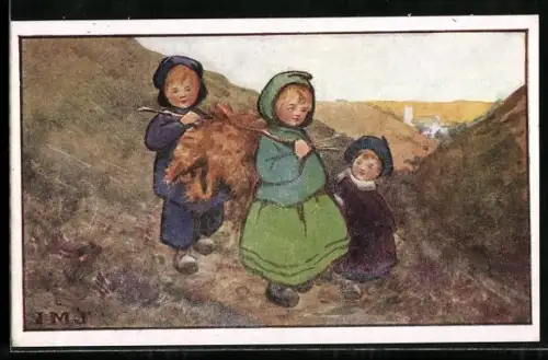 Künstler-AK I.M.J.: Kinder auf dem Feld