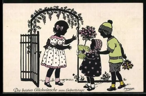 Künstler-AK Friedrich Kaskeline: Kinder gratulieren mit Blumen zum Geburtstag