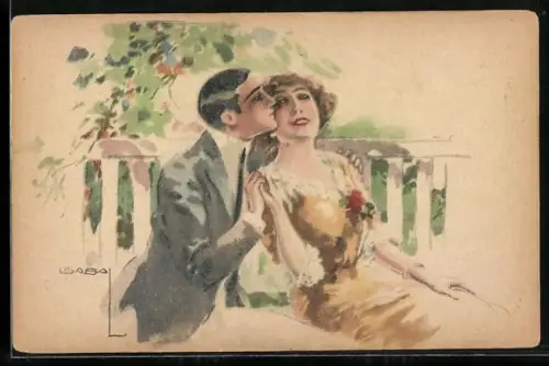 Künstler-AK Luis Usabal: Liebespaar sitzt auf einer Gartenbank