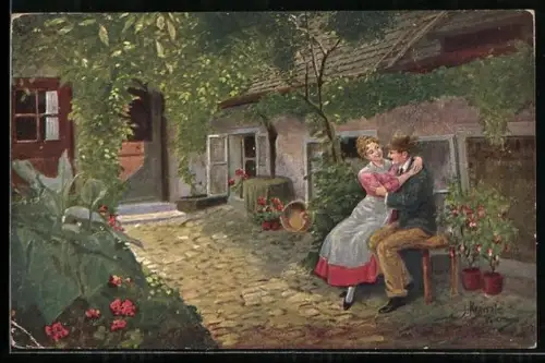 Künstler-AK Kränzle: Stilles Glück, Ehepaar im Garten