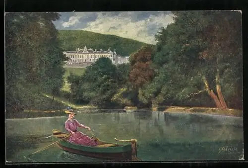 Künstler-AK Kränzle: In der Einsamkeit, Dame im Ruderboot auf einem Teich
