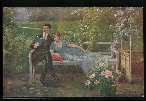 Künstler-AK Kränzle: Glückliche Stunden, Lesendes Paar auf einer Gartenbank