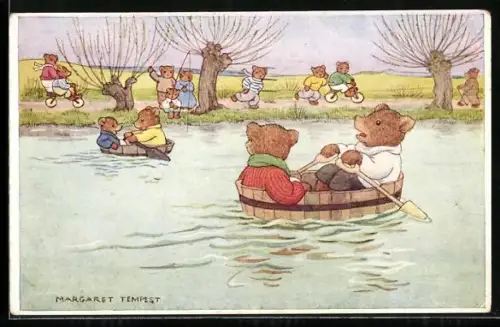 Künstler-AK Margaret Tempest: Bären rudern auf einem See