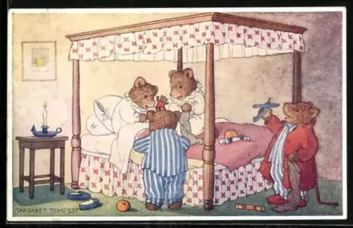 Künstler-AK Margaret Tempest: Vermenschlichte Bärenkinder spielen mit ihren Geschenken am Weihnachtsmorgen