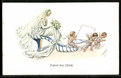 Künstler-AK Friedrich Kaskeline: Engel ziehen eine Braut in einem Schuh hinter sich her